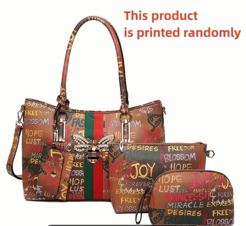 4pcs Letter Graffiti Print Bag Set, Trendy Bee Decor Tote Bag With Crossbody Bag, Clutch Bag And Mini Coin Purse