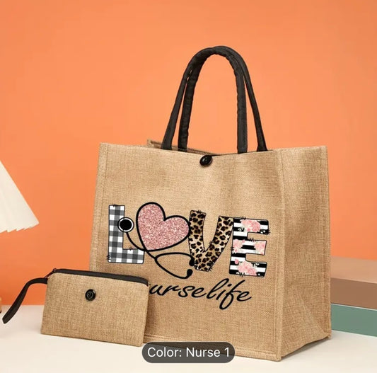 2pcs Burlap Tote Bag, Lunch Bag Reusable Shopping Bag, Colorful Printed Lightweight Handbag,Large Capacity Burlap Tote With Coin Purse