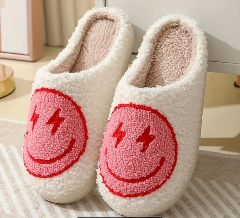 Lightning Smiley Face Pattern, Soft Cozy House Slippers, Lightweight Breathable Anti-skid Fuzz Lined Slip-on Shoes For Indoor Walking, Autumn And Winter